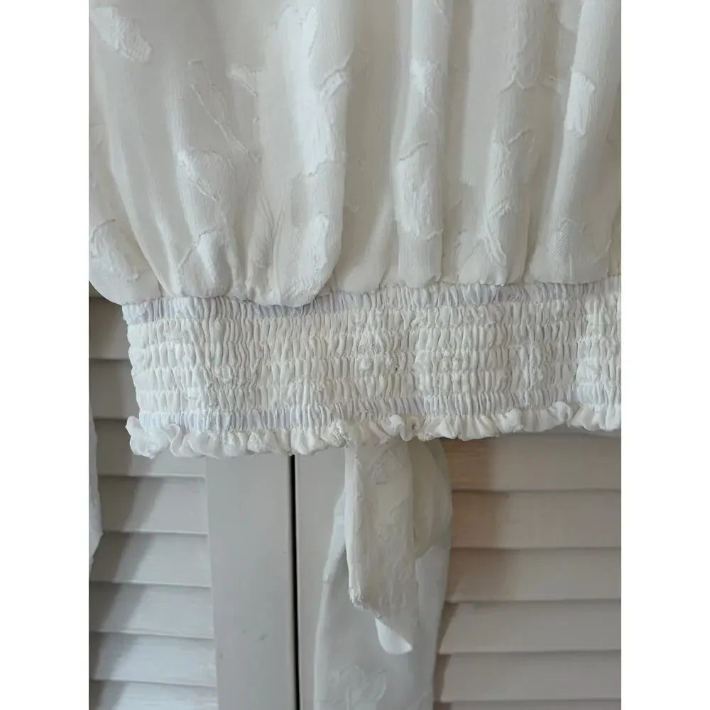 By Anthropologie Milena Burnout Velvet Wrap Blouse white ruffle cottagecore